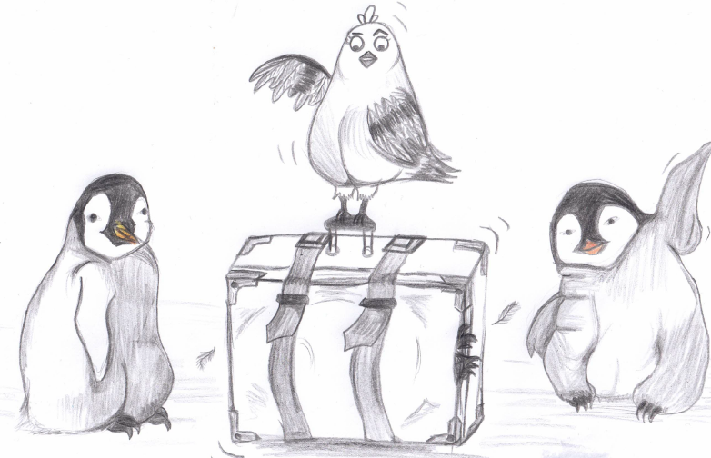 2 Pinguine mit Koffer und eine Taube